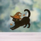 Stretching Black Cat – Witchy Autumn Classic T-Shi Acryl Bord (Neutraal)
