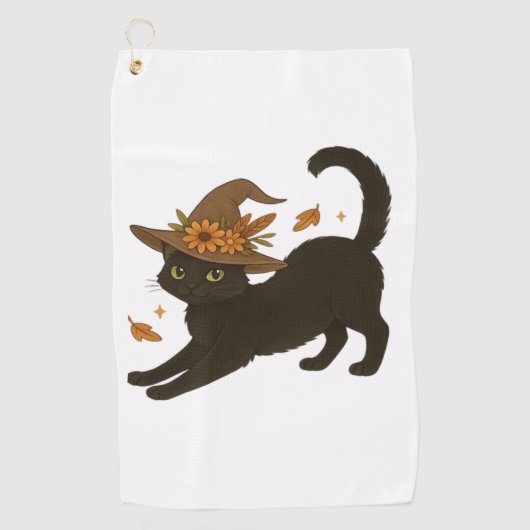 Stretching Black Cat – Witchy Autumn Classic T-Shi Golfhanddoek (Voorkant)