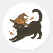Stretching Black Cat – Witchy Autumn Classic T-Shi Ronde Sticker (Voorkant)