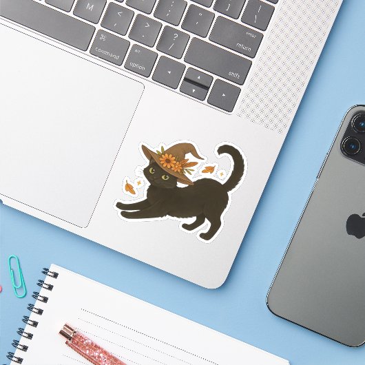 Stretching Black Cat – Witchy Autumn Classic T-Shi Sticker (Laptop met iPhone)