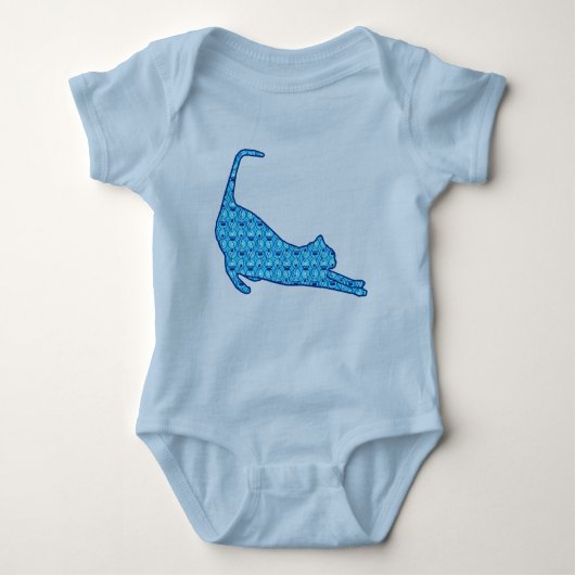 Stretching Cat Silhouette in een Blue Lotus Patter Romper (Voorkant)