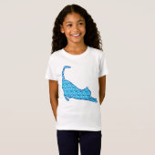 Stretching Cat Silhouette in een Blue Lotus Patter T-shirt (Voorkant volledig)