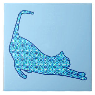 Stretching Cat Silhouette in een Blue Lotus Patter Tegeltje