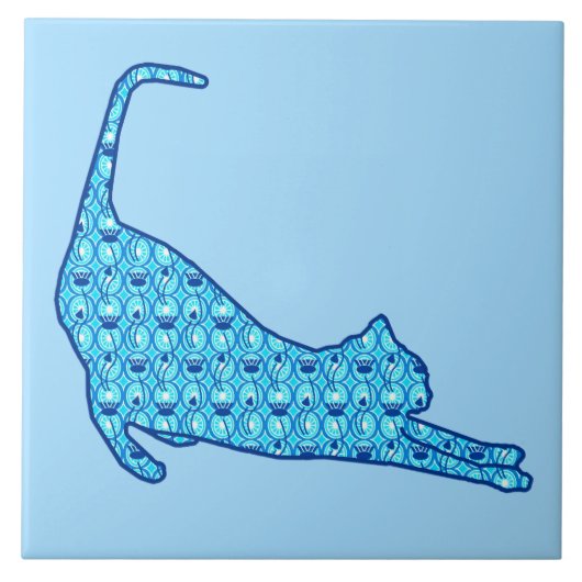 Stretching Cat Silhouette in een Blue Lotus Patter Tegeltje (Voorkant)