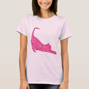Stretching Cat Silhouette in Fuchsia Pink Batik T-shirt