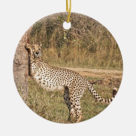 Stretching Cheetah Keramisch Ornament (Voorkant)