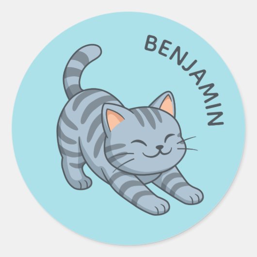 Stretching Grey Tabby Cat Blue Custom Name Ronde Sticker (Voorkant)