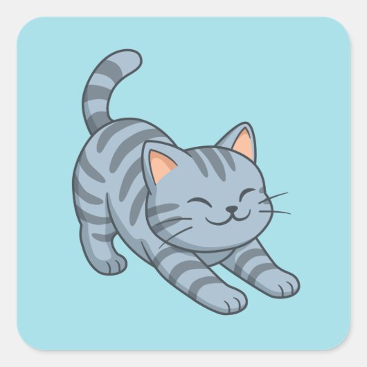 Stretching Grey Tabby Cat Blue Vierkante Sticker (Voorkant)