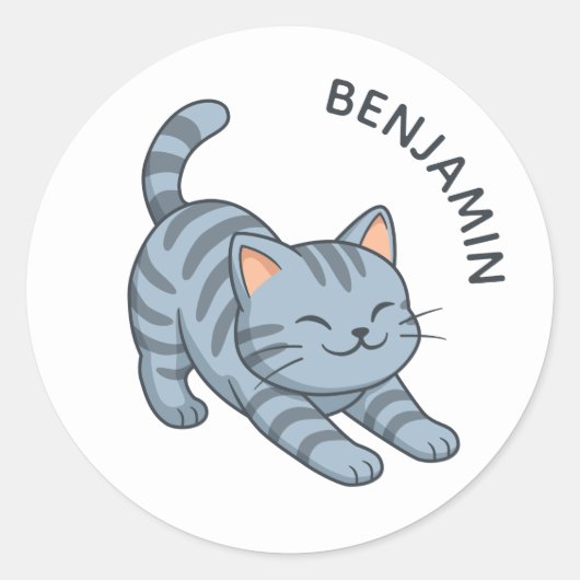 Stretching Grey Tabby Cat Custom Name Ronde Sticker (Voorkant)
