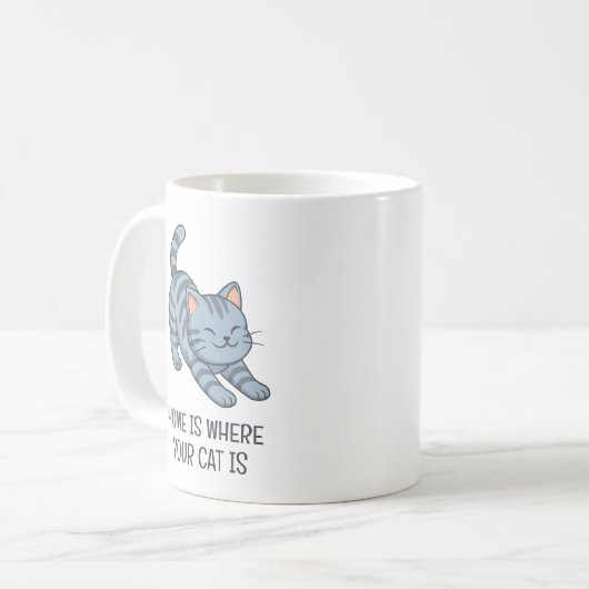 Stretching Grey Tabby Cat Custom Text Koffiemok (Voorkant links)