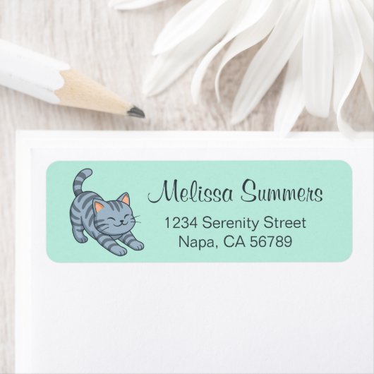 Stretching Grey Tabby Cat Green Etiket (Insitu)