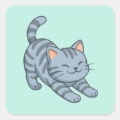Stretching Grey Tabby Cat Green Vierkante Sticker (Voorkant)