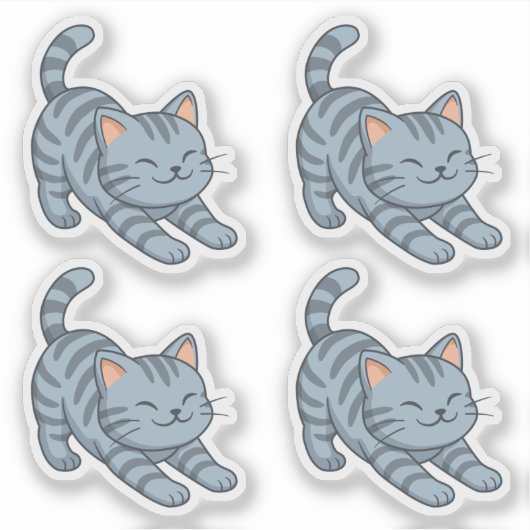 Stretching Grey Tabby Cat Set of 4 Sticker (Voorkant)