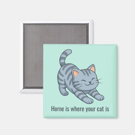 Stretching Grey Tabby Green Cat Custom Text Magneet (Voorkant / Achterkant)