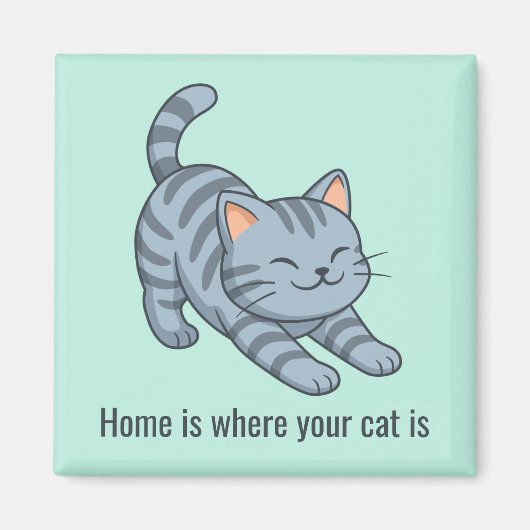 Stretching Grey Tabby Green Cat Custom Text Magneet (Voorkant)