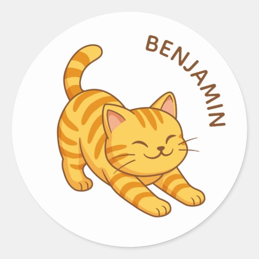 Stretching Orange Tabby Cat Custom Name Ronde Sticker (Voorkant)
