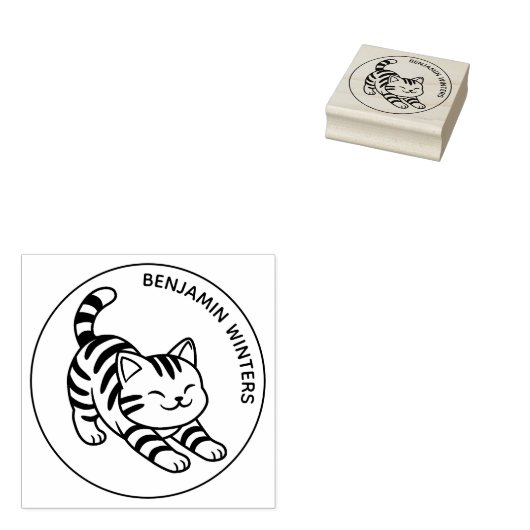 Stretching Tabby Cat Custom Text Rubberstempel (Gestempeld)