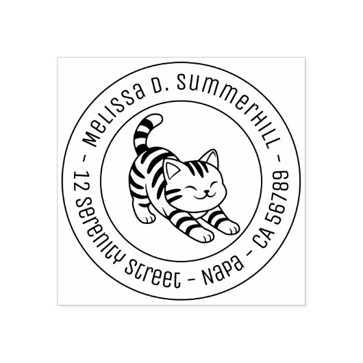 Stretching Tabby Cat Round Address Rubberstempel (Afrduk)