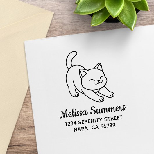 Stretching White Cat Address Rubberstempel