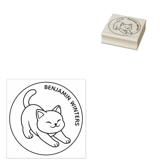 Stretching White Cat Custom Text Rubberstempel (Gestempeld)