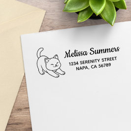 Stretching White Cat Return Address Rubberstempel