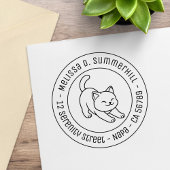 Stretching White Cat Round Address Rubberstempel