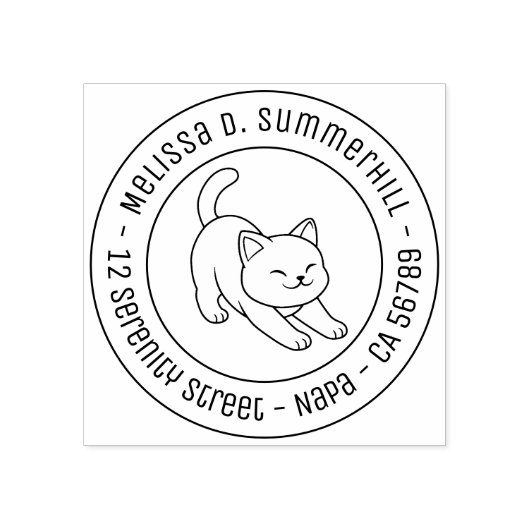 Stretching White Cat Round Address Rubberstempel (Afrduk)