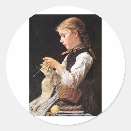 Strickendes Mädchen Knitting Girl Ronde Sticker (Voorkant)