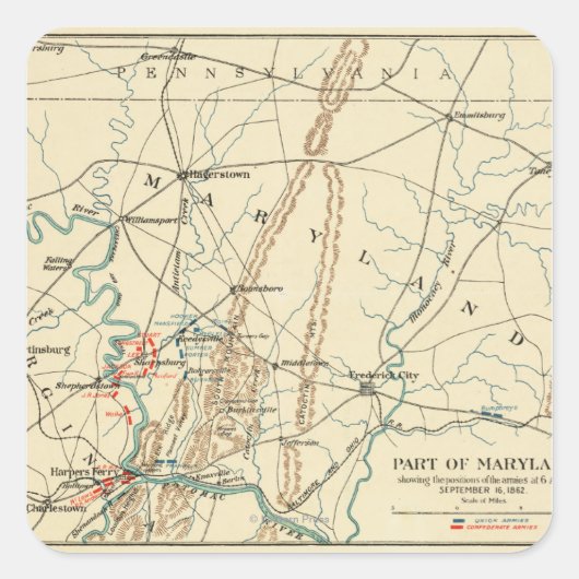 Strijd tegen Antietam - Kaart van de burgeroorlog  Vierkante Sticker (Voorkant)