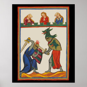 Strijdende ridders op een toernooi, 14e eeuw poster