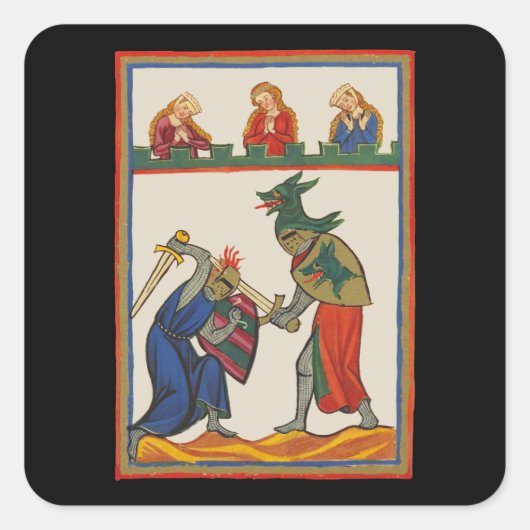 Strijdende ridders op een toernooi, 14e eeuw vierkante sticker (Voorkant)