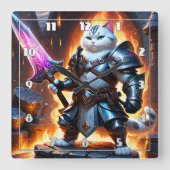 Strijder Kat In Armor Met Gloeiend Zwaard Vierkante Klok (Voorkant)