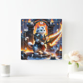 Strijder Kat In Vlammen-Verlichte Vesting Vierkante Klok (Huis)