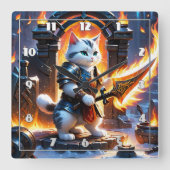 Strijder Kat In Vlammen-Verlichte Vesting Vierkante Klok (Voorkant)