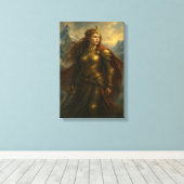 Strijder Queen in Gold Armour met Kroon en Zwaard Canvas Afdruk (Insitu (Houten vloer))