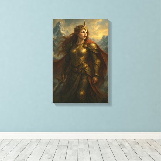 Strijder Queen in Gold Armour met Kroon en Zwaard Canvas Afdruk (Insitu (Houten vloer))