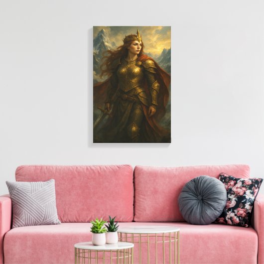 Strijder Queen in Gold Armour met Kroon en Zwaard Canvas Afdruk (Insitu (Woonkamer))