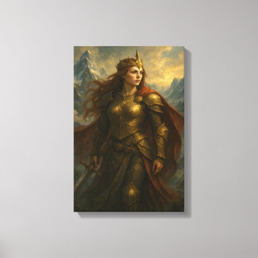Strijder Queen in Gold Armour met Kroon en Zwaard Canvas Afdruk (Voorkant)