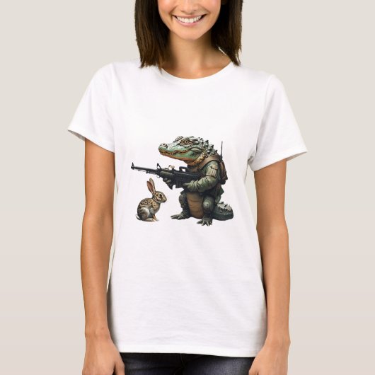 Strijdklare alligator en nieuwsgierig konijn t-shirt (Voorkant)