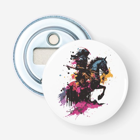 Strijdpaard in waterverf button flesopener (Voorkant)