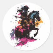 Strijdpaard in waterverf ronde sticker (Voorkant)