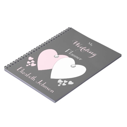 Strijdplankenroze en grijs met harten en naam notitieboek (Linkerzijde)