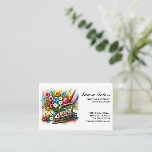  strijkijzer Bloemen Strijkmachine Stomerij Stomer Visitekaartje (Staand voorkant)