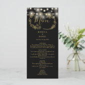 Strijklichten Bloemen Zwart en Gouden Bruiloft Menu (Staand voorkant)