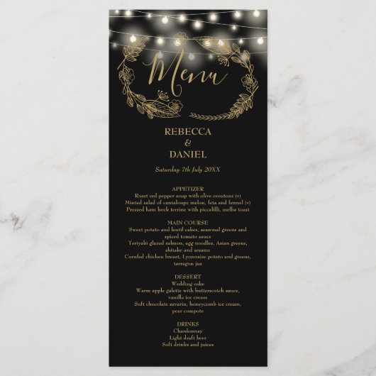 Strijklichten Bloemen Zwart en Gouden Bruiloft Menu (Voorkant)