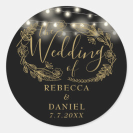 Strijklichten Bloemen Zwart en Gouden Bruiloft Ronde Sticker