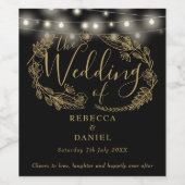 Strijklichten Bloemen Zwart en Gouden Bruiloft Wijn Etiket (Enkel label)