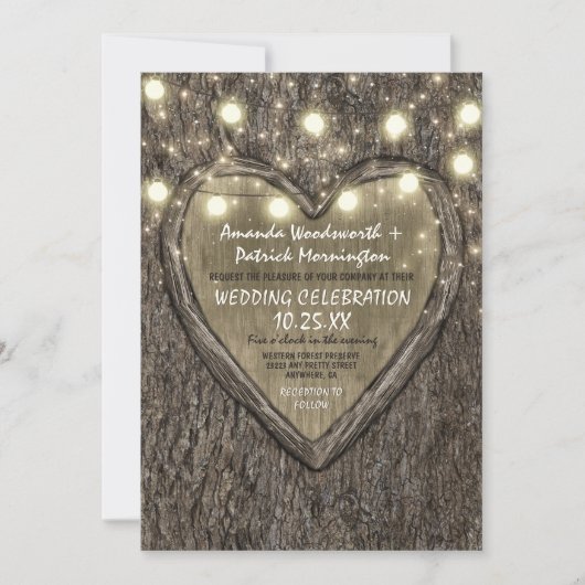 Strijklichten + eiken boom schors bruiloft uitnodi kaart (Voorkant)