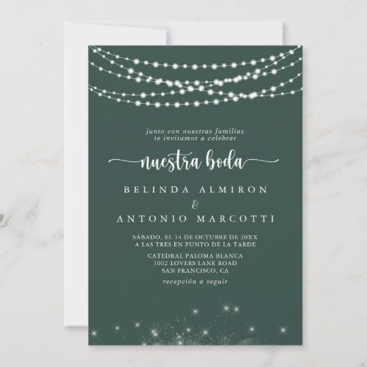 Strijklichten Groene Nuestra Boda Bruiloft Kaart (Voorkant)