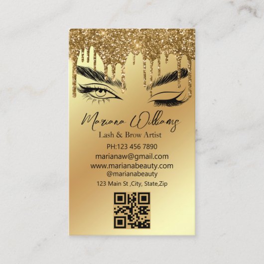 strijkstok en wenkbrauwen qr code golden dripping visitekaartje (Voorkant)